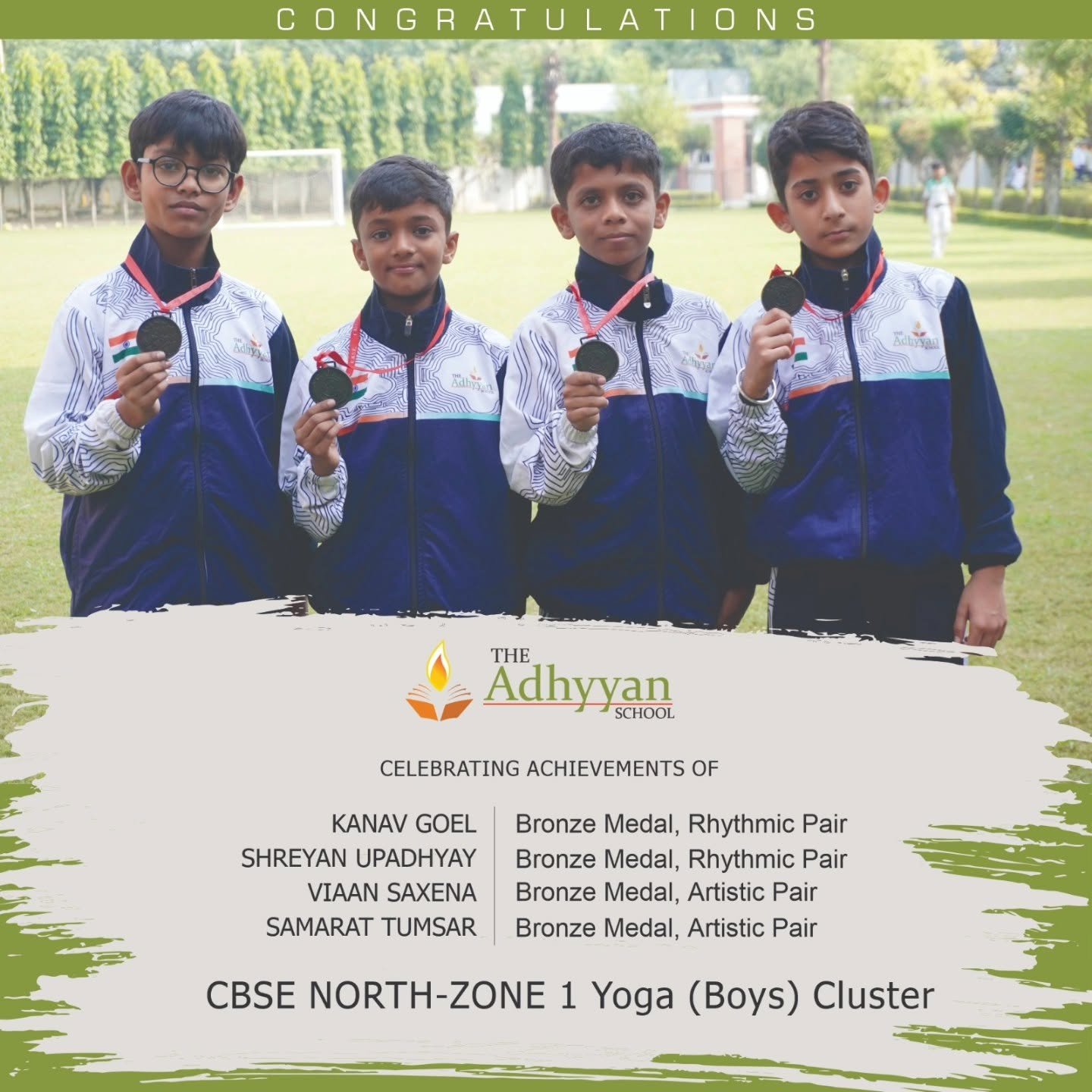 Boys Yoga team winning medals at CBSE North Zone 1 Yoga Cluster championship - The Adhyyan School