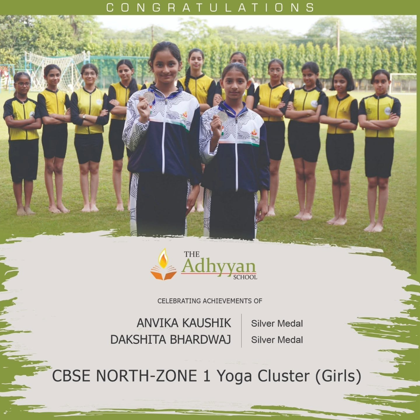Girls Yoga team winning medals at CBSE North Zone 1 Yoga Cluster championship - The Adhyyan School